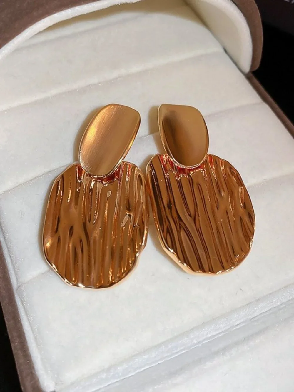 Gold Statement Textured Drop Earrings 925 Sterling Silver Posts